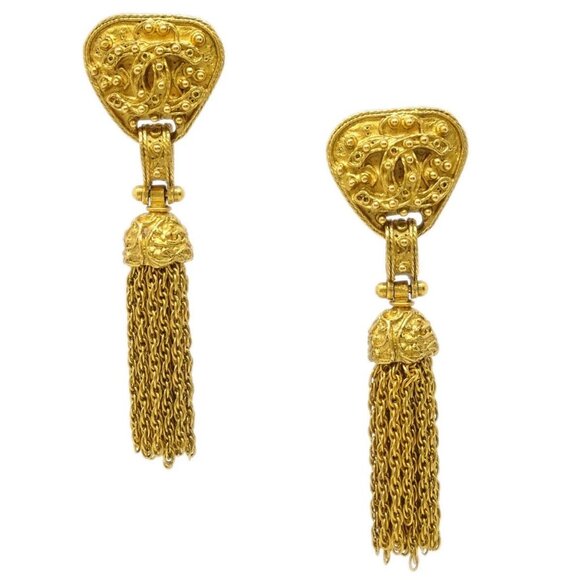 CHANEL Jewelry - Chanel Fringe Dangle Earrings Clip-On Gold 94A 125351